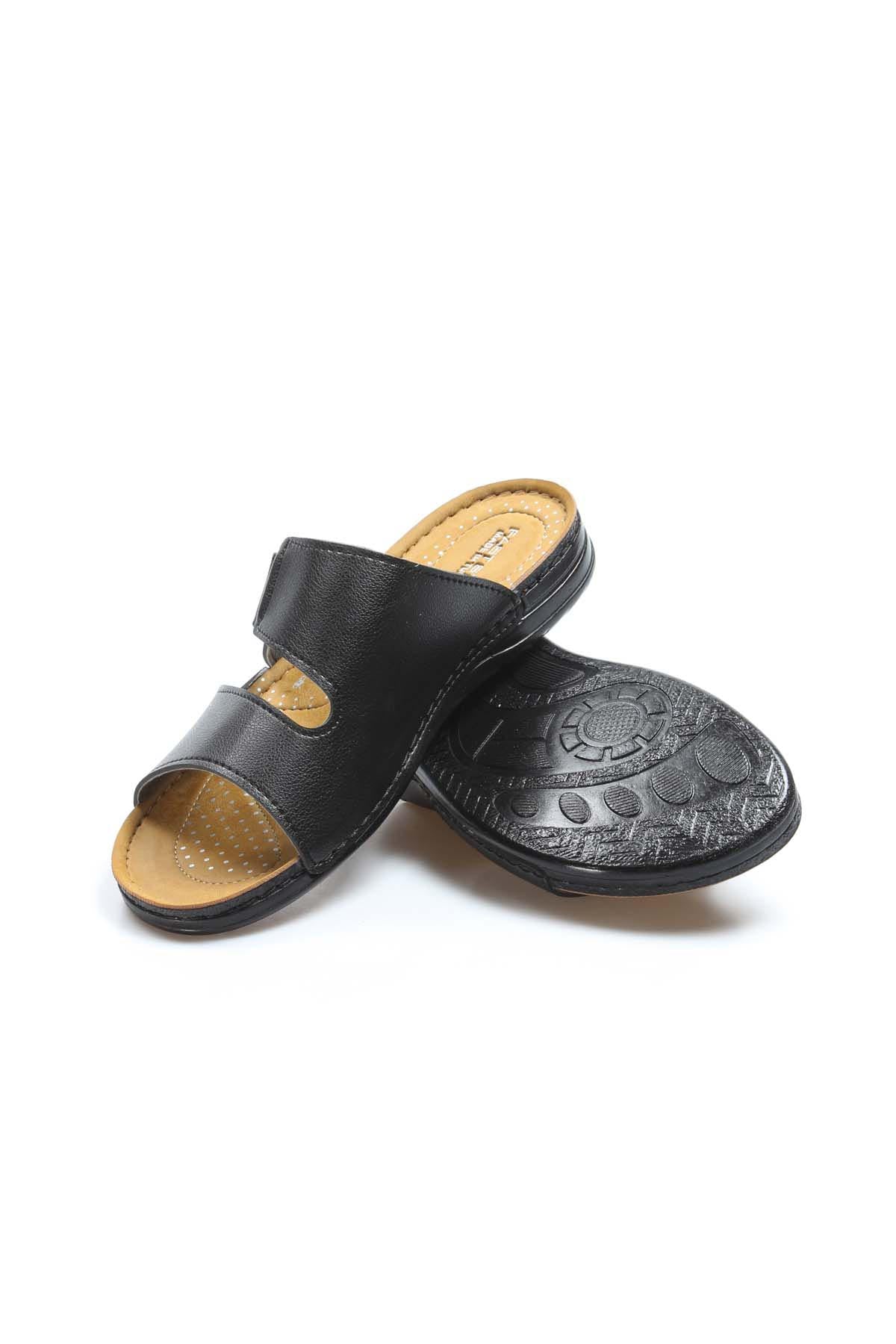 Men's Black Leather Slide Sandals with Cutout Design
