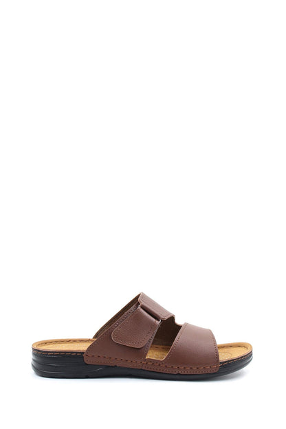 Men's Brown Leather Slide Sandals with Velcro Straps
