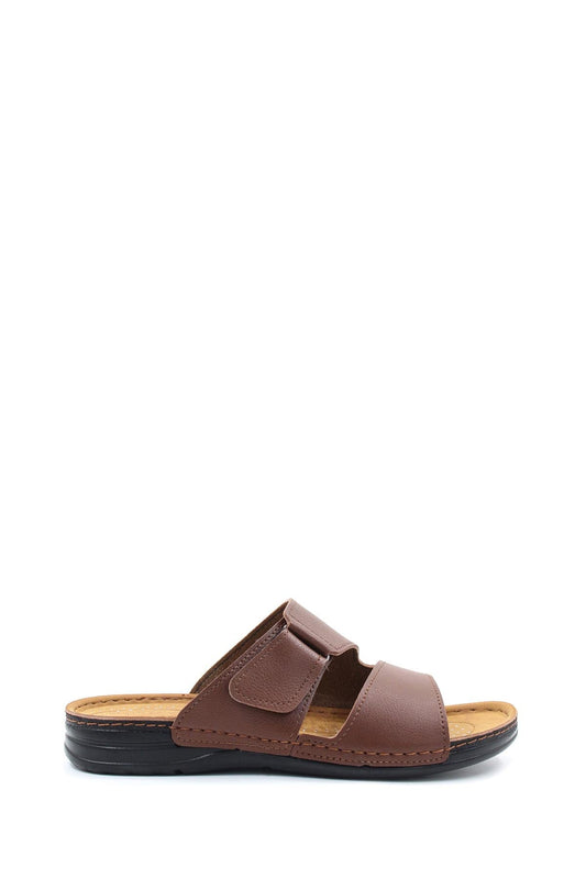 Men's Brown Leather Slide Sandals with Velcro Straps