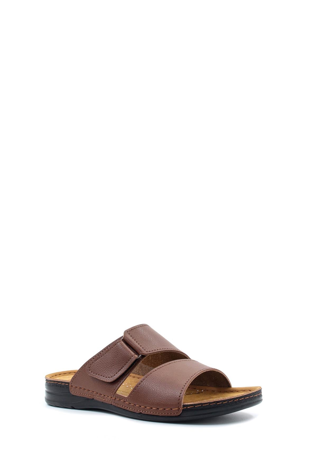 Men's Brown Leather Slide Sandals with Velcro Straps