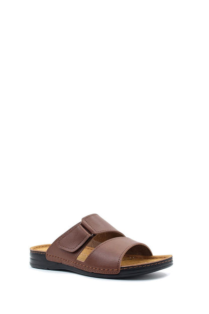 Men's Brown Leather Slide Sandals with Velcro Straps