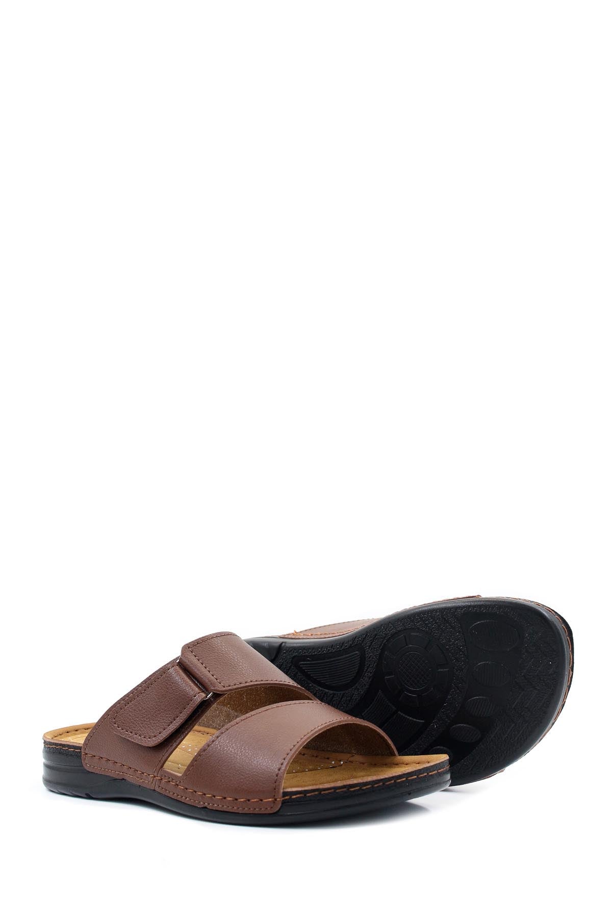 Men's Brown Leather Slide Sandals with Velcro Straps