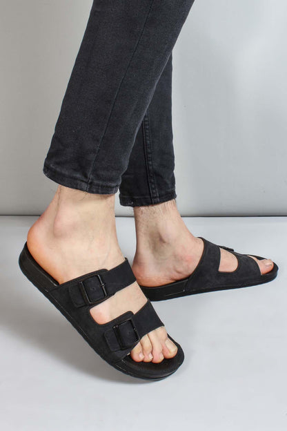 Men's Black Double-Strap Slide Sandals with Adjustable Buckles