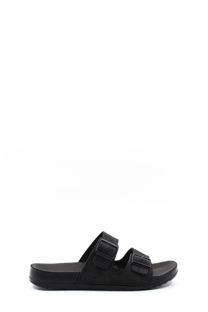 Men's Black Double-Strap Slide Sandals with Adjustable Buckles