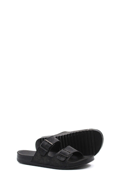 Men's Black Double-Strap Slide Sandals with Adjustable Buckles