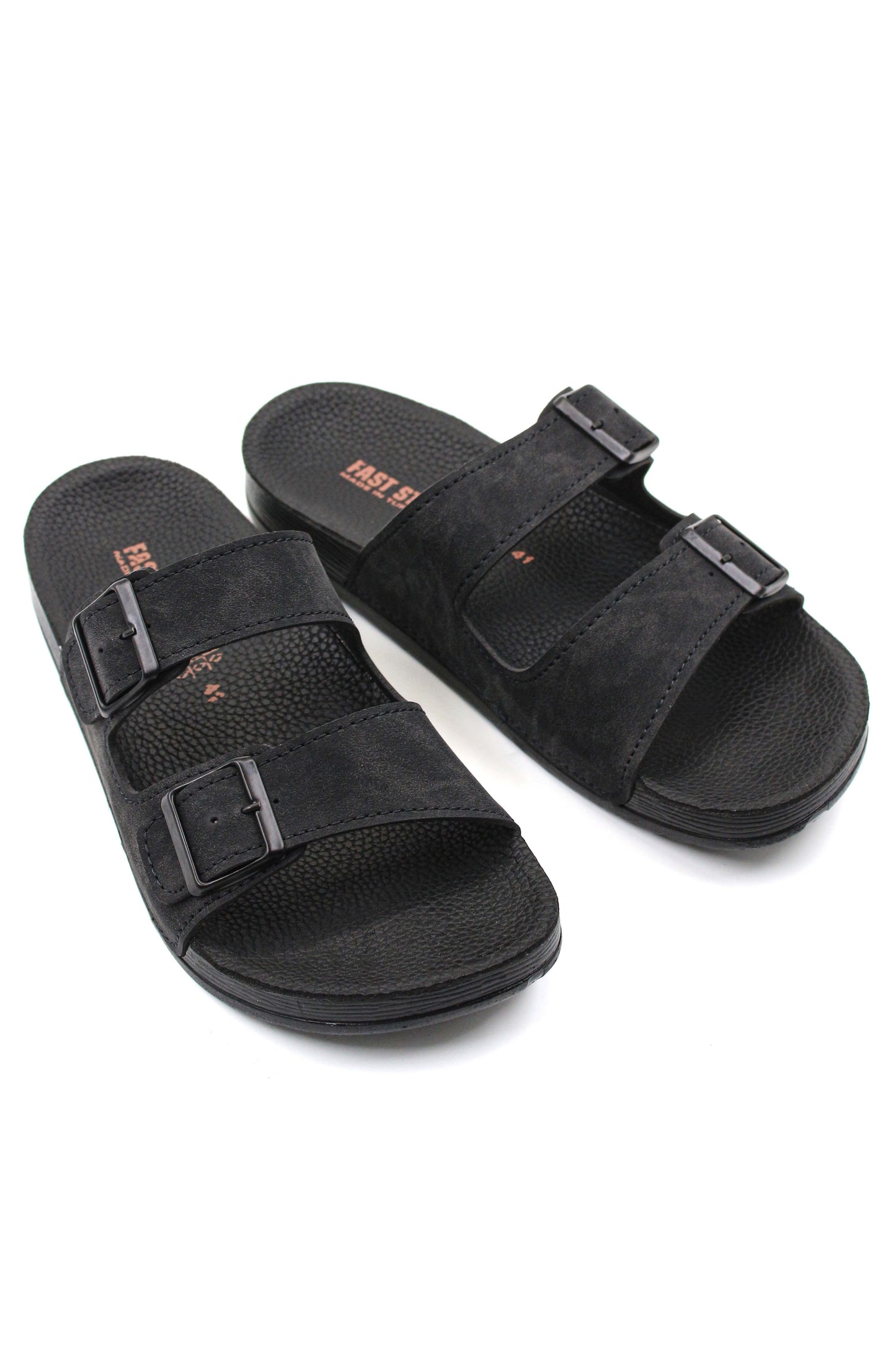 Men's Black Double-Strap Slide Sandals with Adjustable Buckles