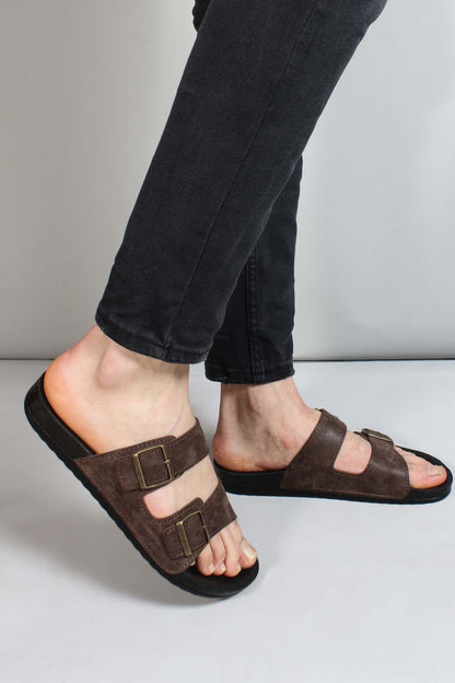 Men's Brown Suede Double-Strap Slide Sandals with Buckles