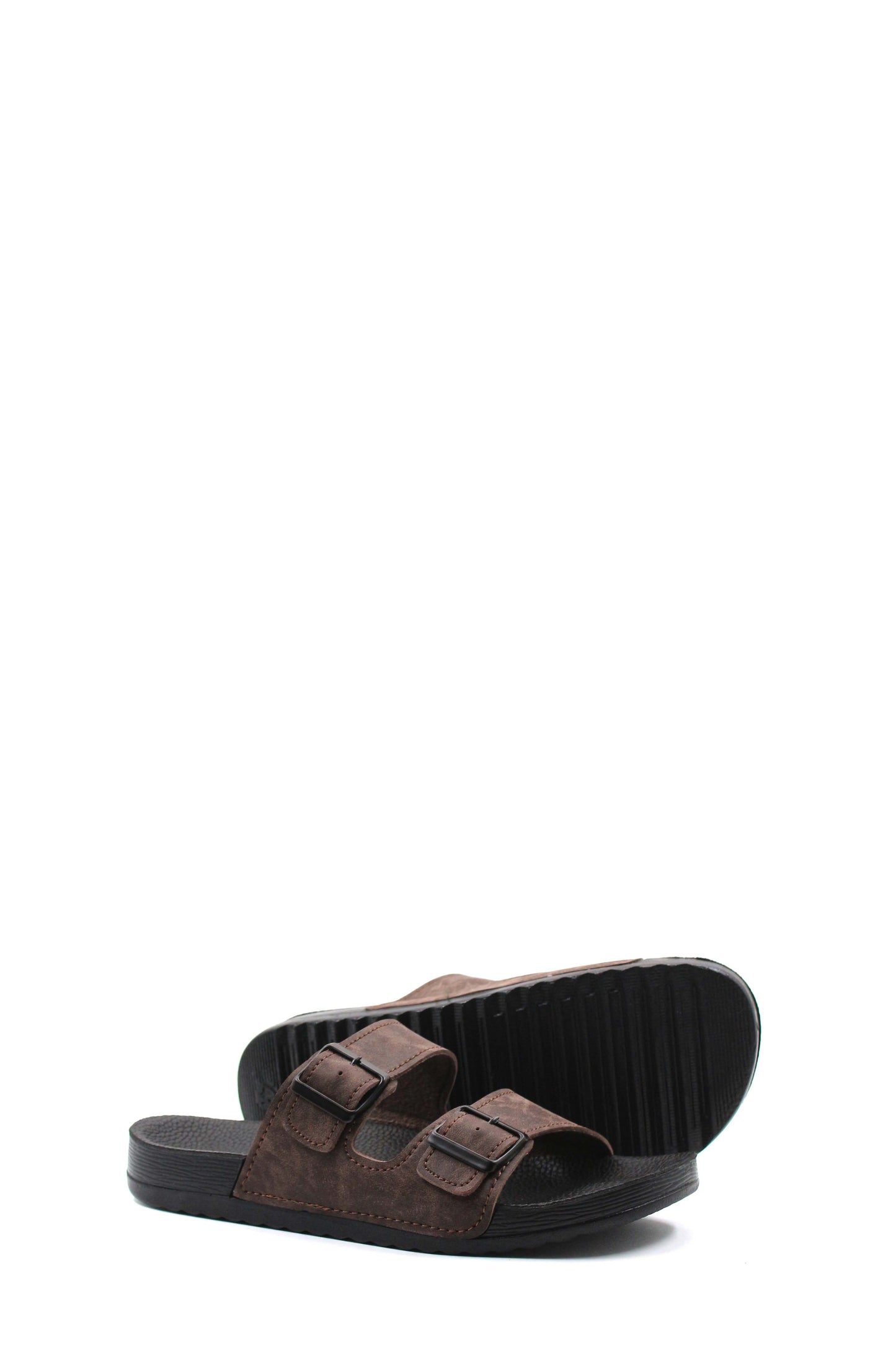 Men's Brown Suede Double-Strap Slide Sandals with Buckles