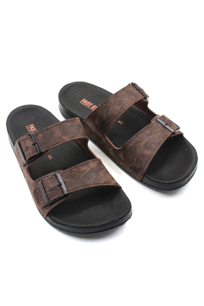 Men's Brown Suede Double-Strap Slide Sandals with Buckles