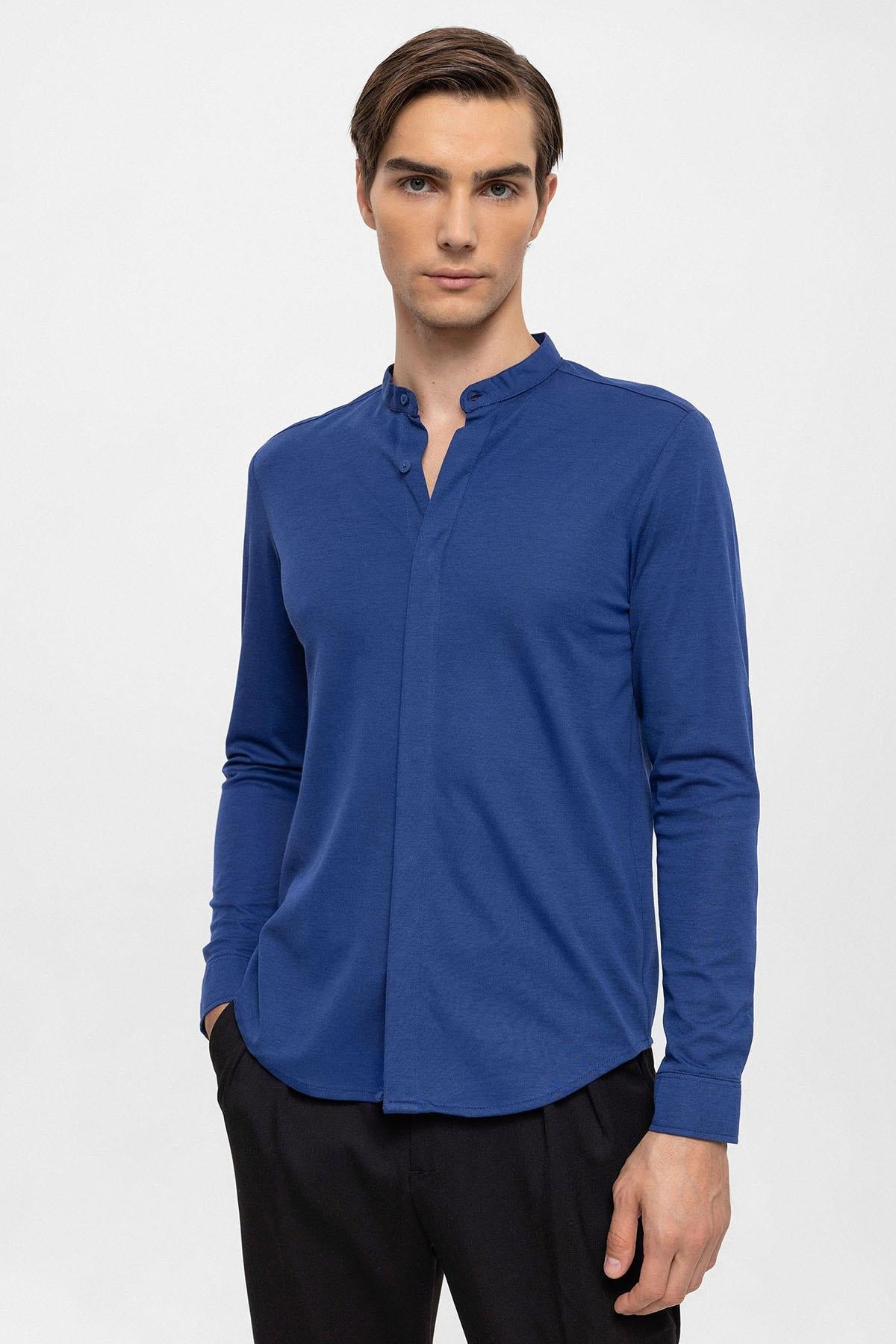 KOALA SYDNEY  Men's Sax Classic Collar Hidden Button Long Sleeve Slim Fit Shirt -