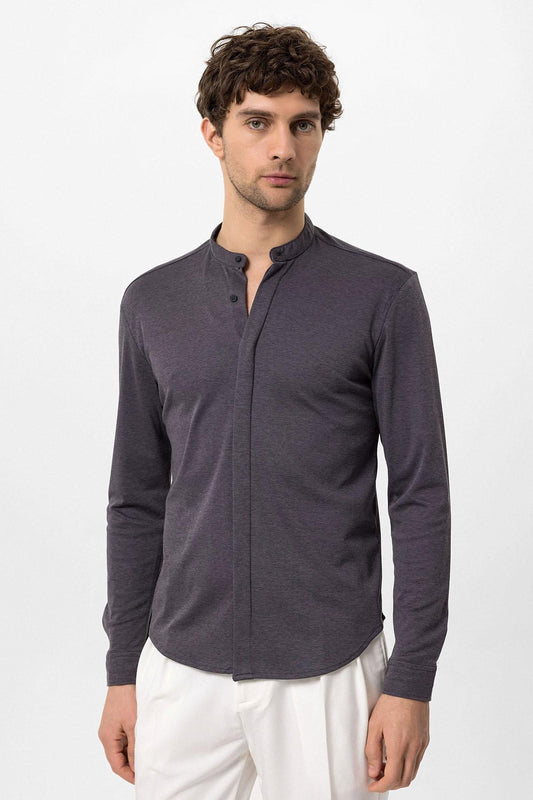 Men's Anthracite Classic Collar Hidden Button Long Sleeve Slim Fit Shirt