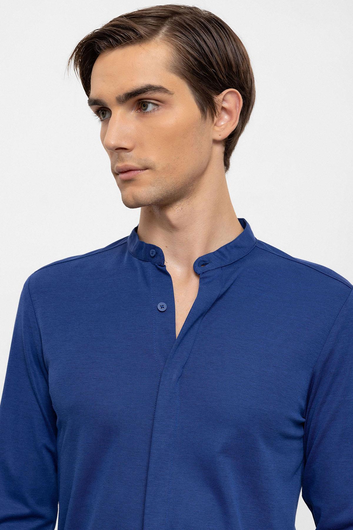 Men's Sax Classic Collar Hidden Button Long Sleeve Slim Fit Shirt