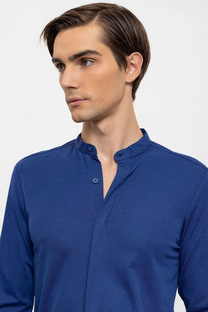 Men's Sax Classic Collar Hidden Button Long Sleeve Slim Fit Shirt