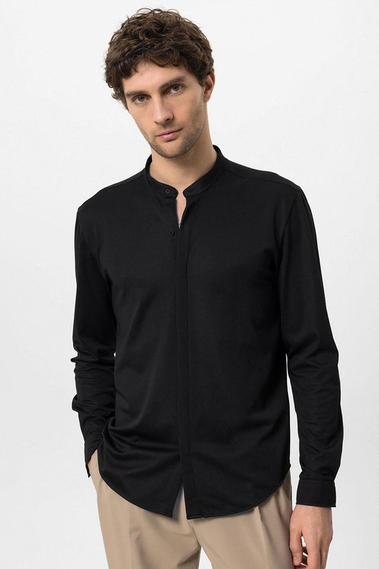 Men's Black Classic Collar Hidden Button Long Sleeve Slim Fit Shirt
