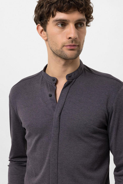 Men's Anthracite Classic Collar Hidden Button Long Sleeve Slim Fit Shirt