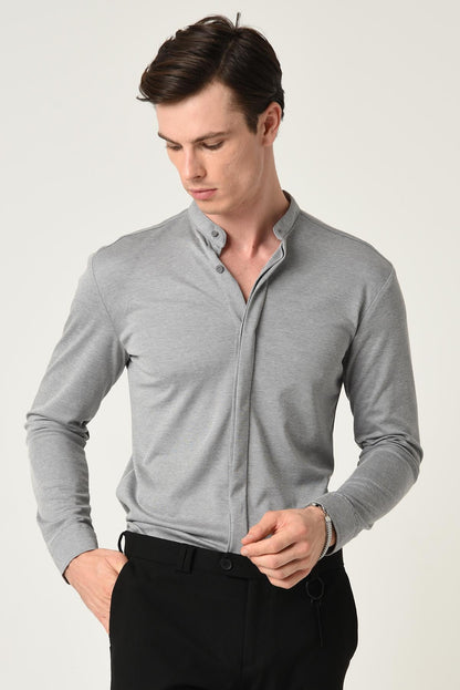 Men's Grey Classic Collar Hidden Button Long Sleeve Slim Fit Shirt