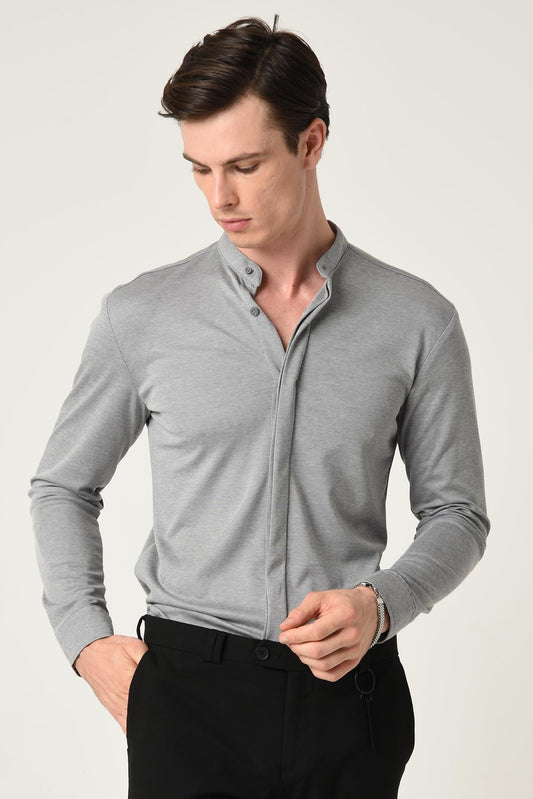 Men's Grey Classic Collar Hidden Button Long Sleeve Slim Fit Shirt