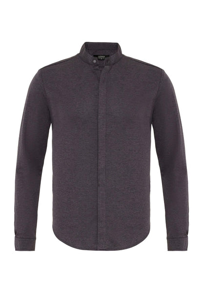 Men's Anthracite Classic Collar Hidden Button Long Sleeve Slim Fit Shirt
