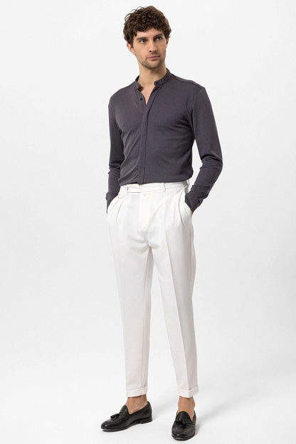 Men's Anthracite Classic Collar Hidden Button Long Sleeve Slim Fit Shirt