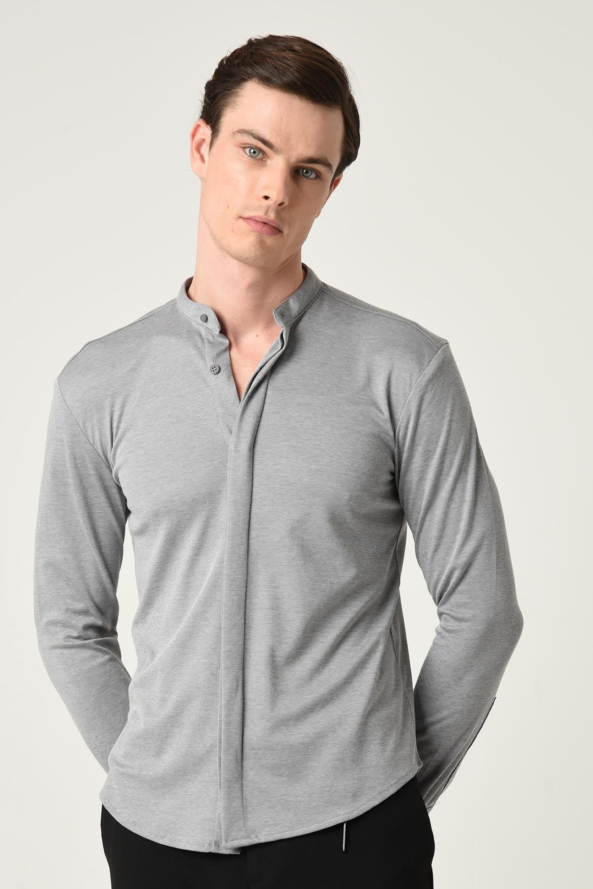 Men's Grey Classic Collar Hidden Button Long Sleeve Slim Fit Shirt