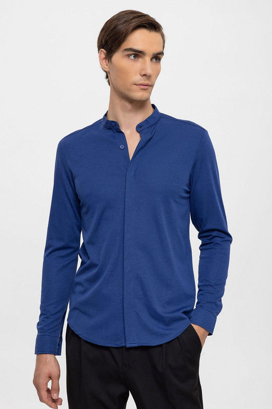 Men's Sax Classic Collar Hidden Button Long Sleeve Slim Fit Shirt