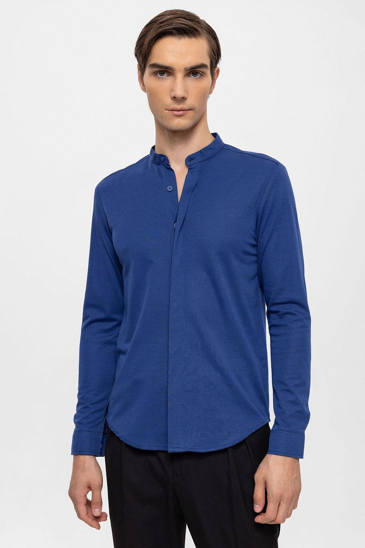 KOALA SYDNEY  Men's Sax Classic Collar Hidden Button Long Sleeve Slim Fit Shirt -