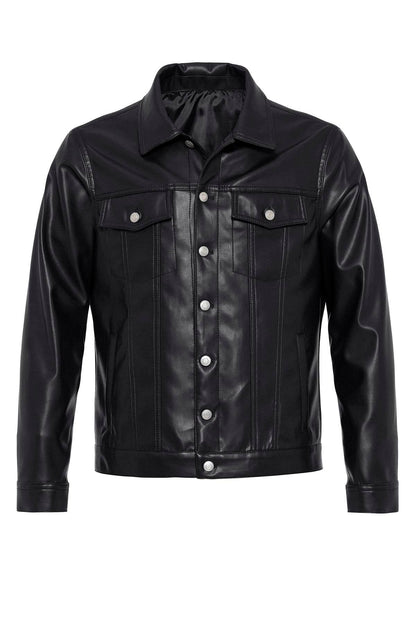 Men's Black Slim Fit Buttoned Leather Jacket