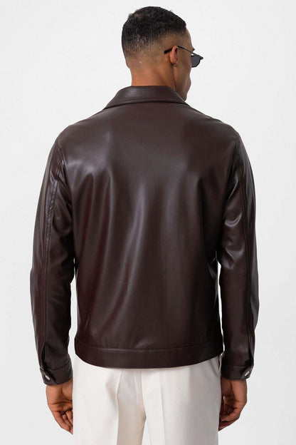 Men's Brown Slim Fit Buttoned Leather Jacket