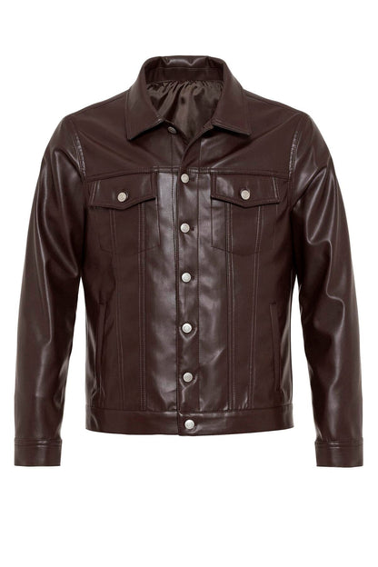 Men's Brown Slim Fit Buttoned Leather Jacket