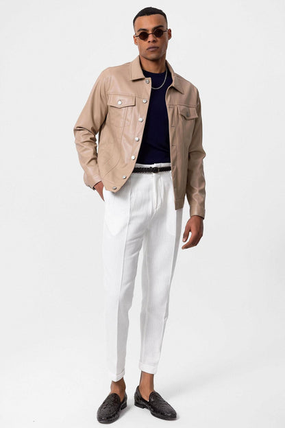 KOALA SYDNEY Men's Light Beige Slim Fit Buttoned Leather Jacket