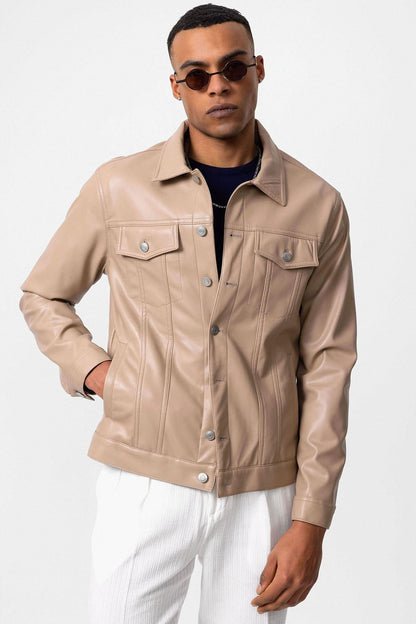 KOALA SYDNEY Men's Light Beige Slim Fit Buttoned Leather Jacket