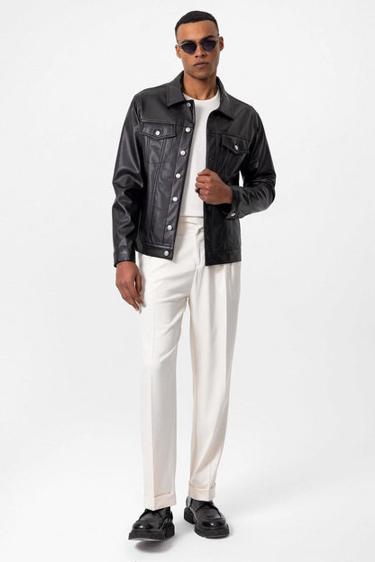 Men's Black Slim Fit Buttoned Leather Jacket