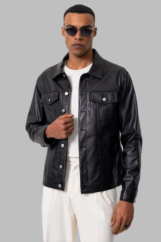 KOALA SYDNEY Men's Black Slim Fit Buttoned Leather Jacket