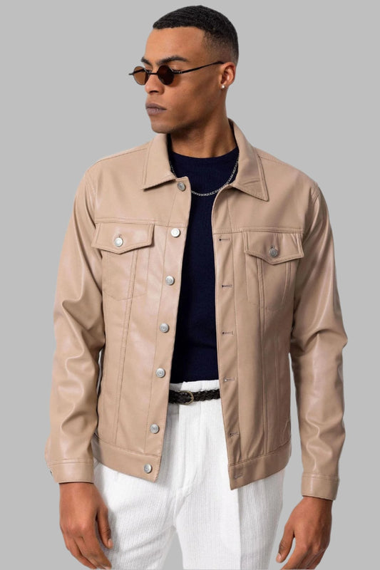KOALA SYDNEY Men's Light Beige Slim Fit Buttoned Leather Jacket