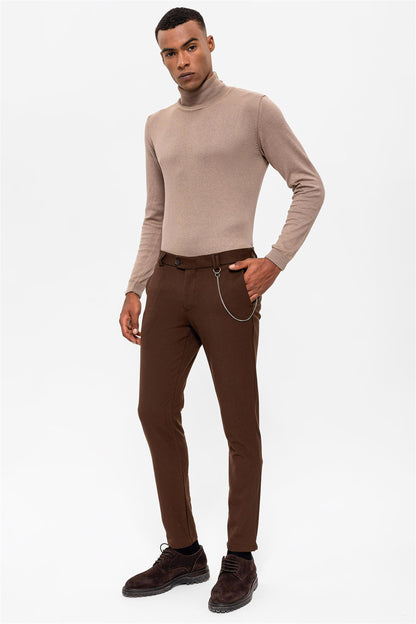 Men's Dark Brown Slim Fit Straight Accessory Fabric Trousers