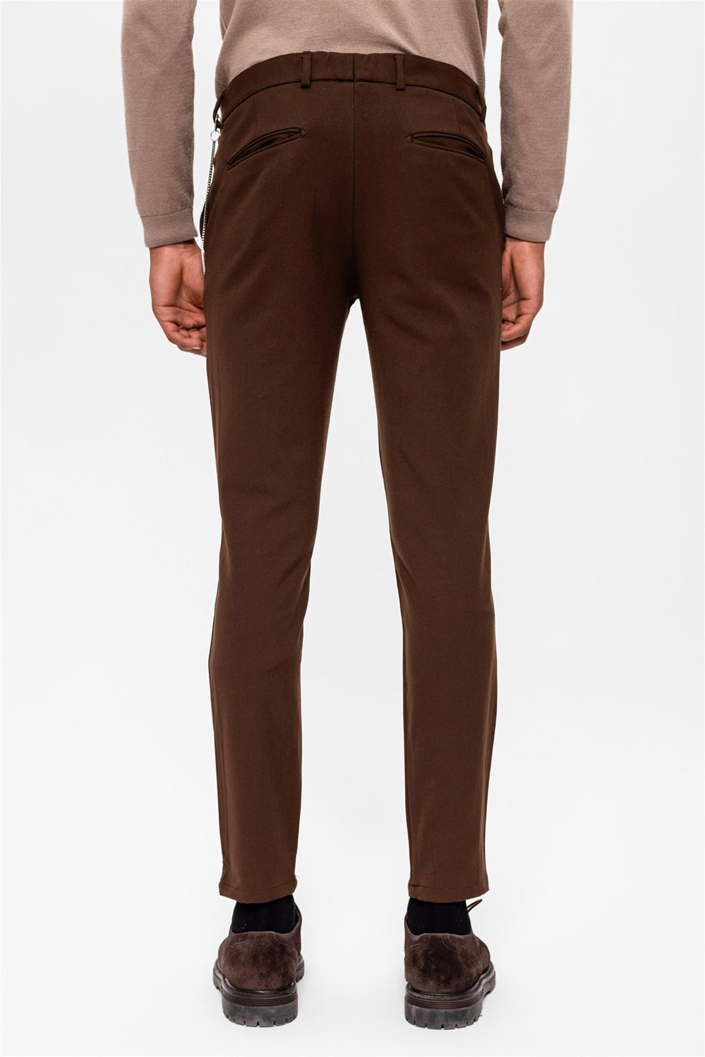Men's Dark Brown Slim Fit Straight Accessory Fabric Trousers