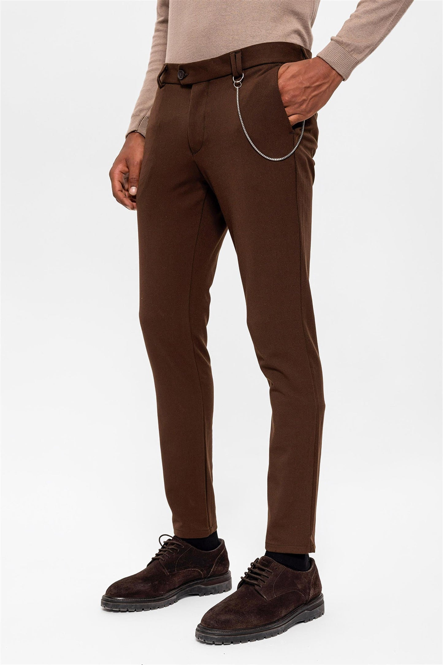Men's Dark Brown Slim Fit Straight Accessory Fabric Trousers