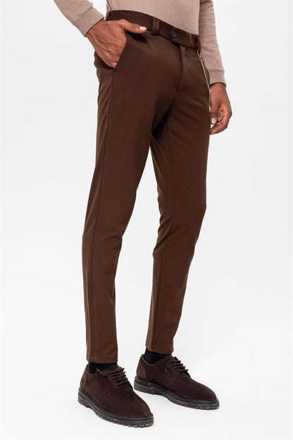 Men's Dark Brown Slim Fit Straight Accessory Fabric Trousers