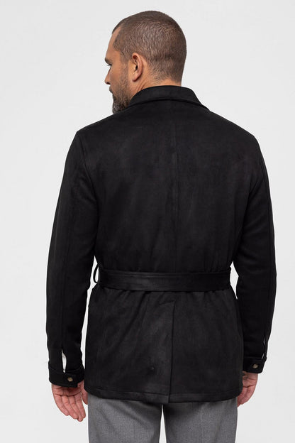 Men's Black Slim Fit Belted Suede Coat