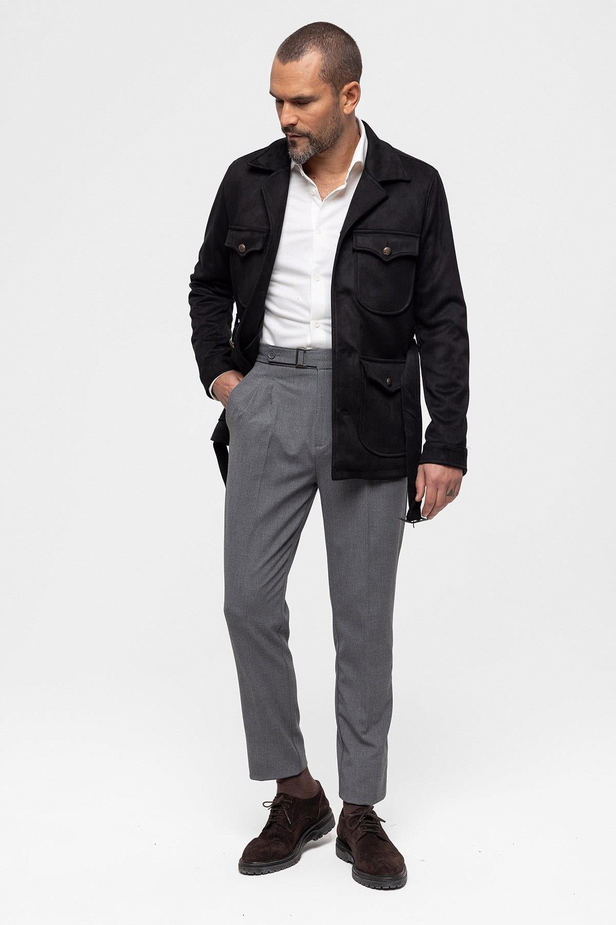 Men's Black Slim Fit Belted Suede Coat