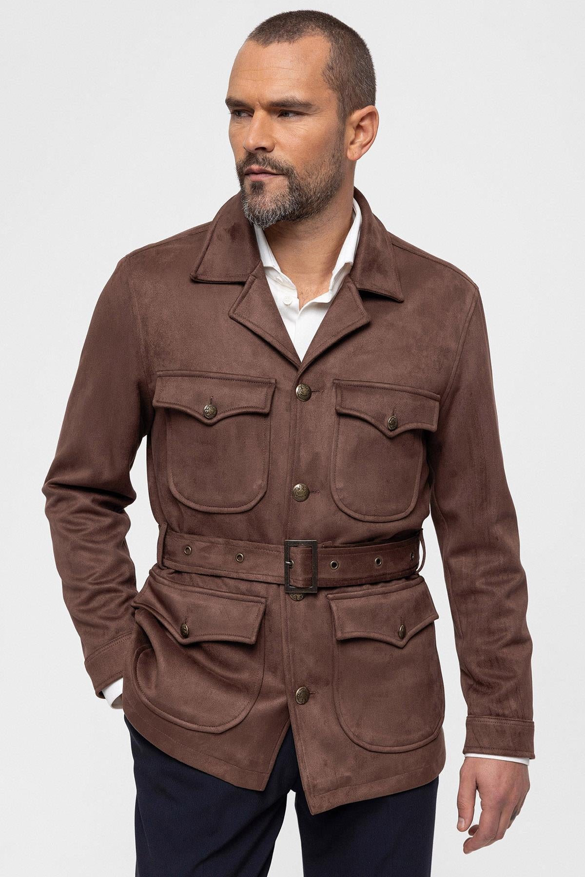 Men's Dark Brown Slim Fit Belted Suede Coat