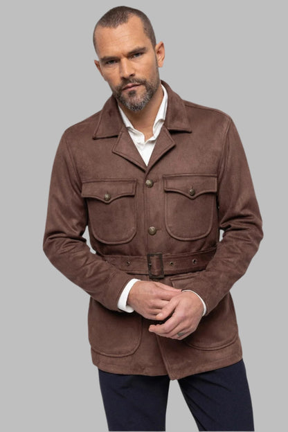 Men's Dark Brown Slim Fit Belted Suede Coat