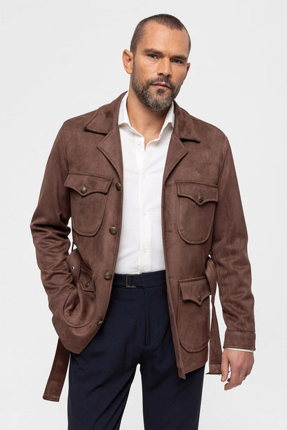 Men's Dark Brown Slim Fit Belted Suede Coat