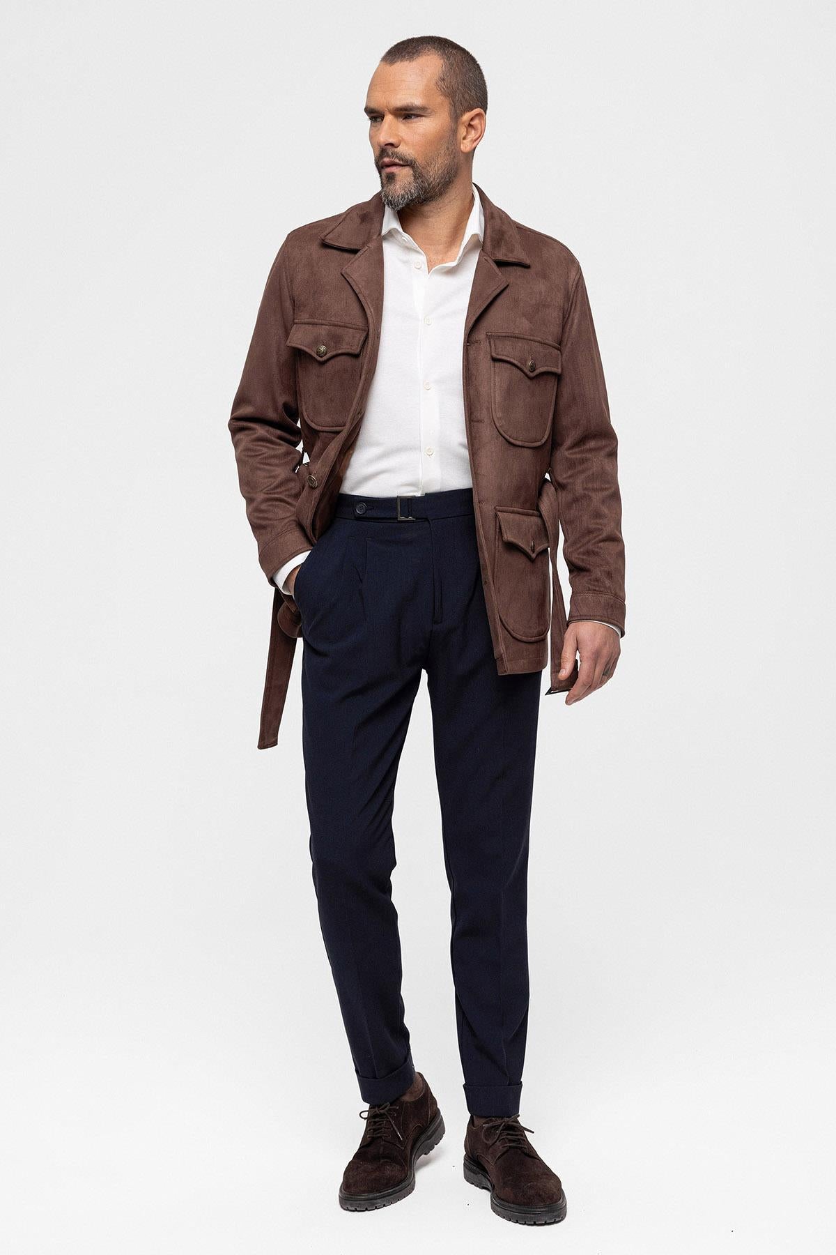 Men's Dark Brown Slim Fit Belted Suede Coat