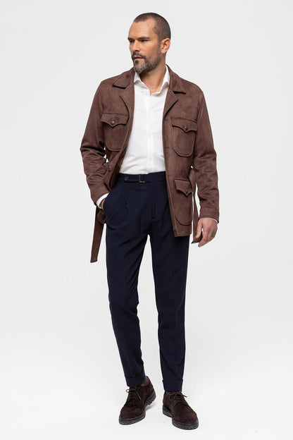Men's Dark Brown Slim Fit Belted Suede Coat