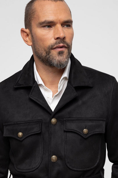 Men's Black Slim Fit Belted Suede Coat