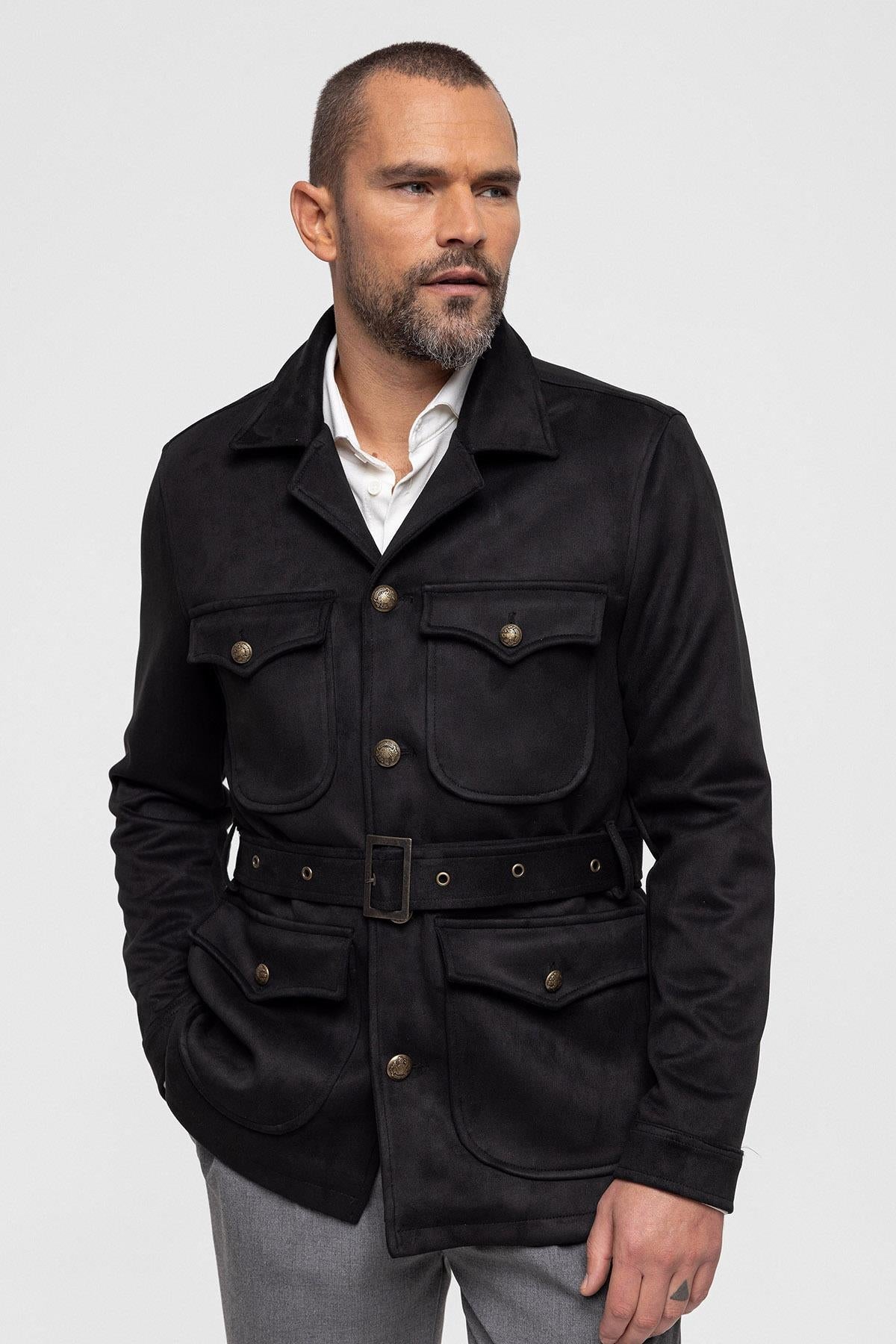 Men's Black Slim Fit Belted Suede Coat