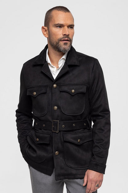 Men's Black Slim Fit Belted Suede Coat