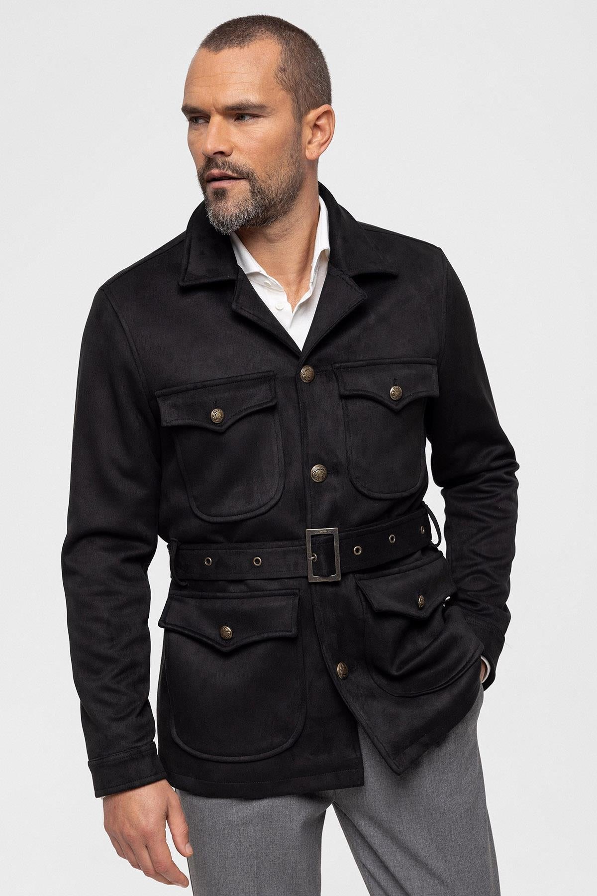 Men's Black Slim Fit Belted Suede Coat