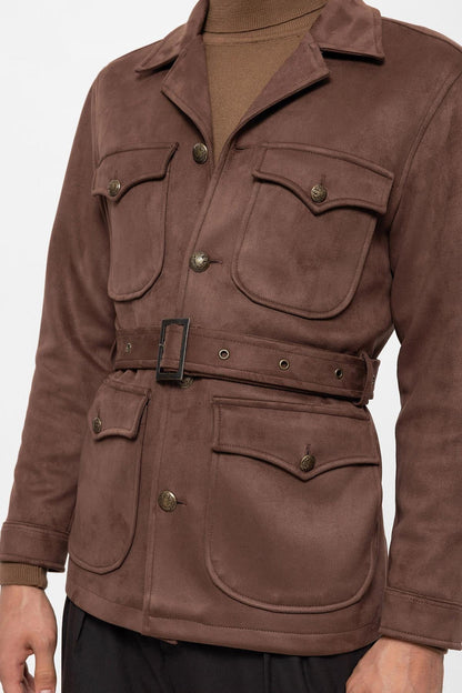 Men's Dark Brown Slim Fit Belted Suede Coat